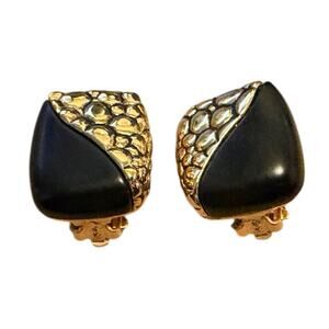 Givenchy Gold-tone Pebble & Black Acrylic Square Clip-back Earrings, Vintage